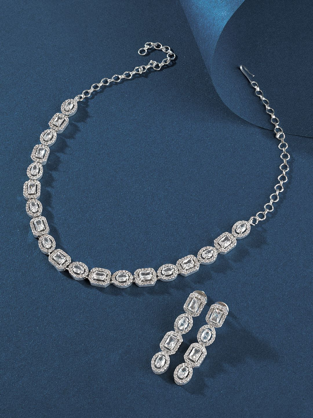 TEEJH Elysia Silver Plated Cubic Zirconia Stone Studded Jewellery Set