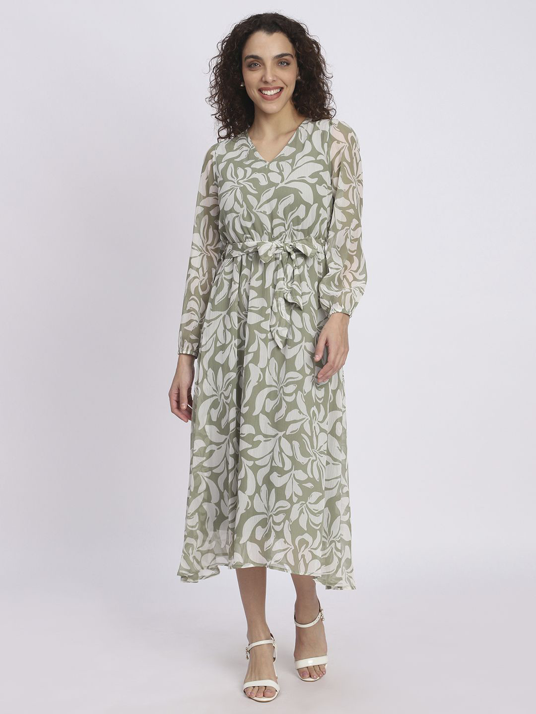 R&B Floral Print Belted V-Neck Puff Sleeves A-Line Midi Dress