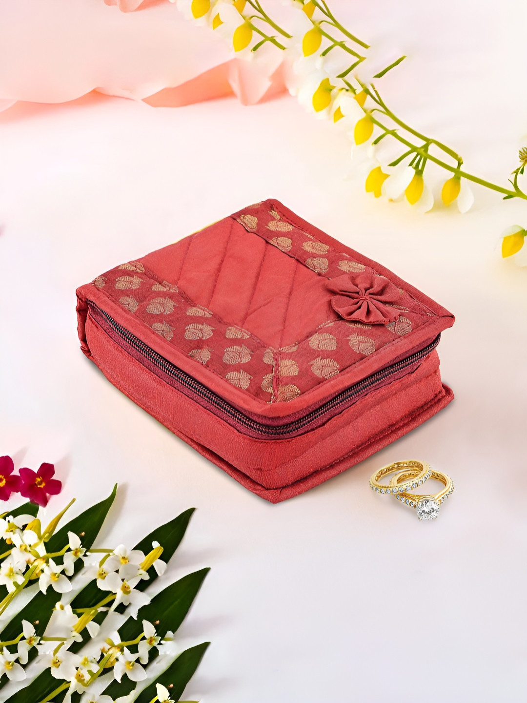 Aura Maroon & Gold Toned Mini Pouch for Women 5 Pouches Inside Jewellery Organiser