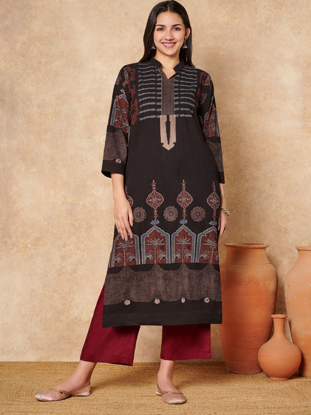 SALWAR STUDIO Classic Ajrakh Hand Block Printed Pure Cotton Long Oversized Kurta