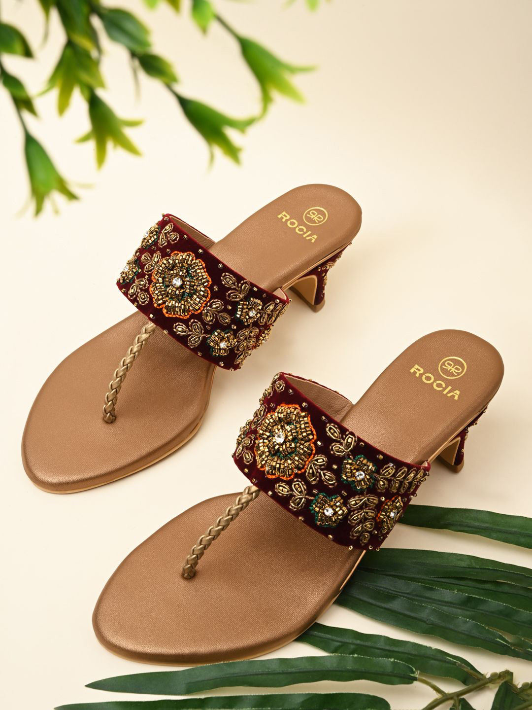 Rocia Women Kitten Heels Embroidered Velvet Sandals