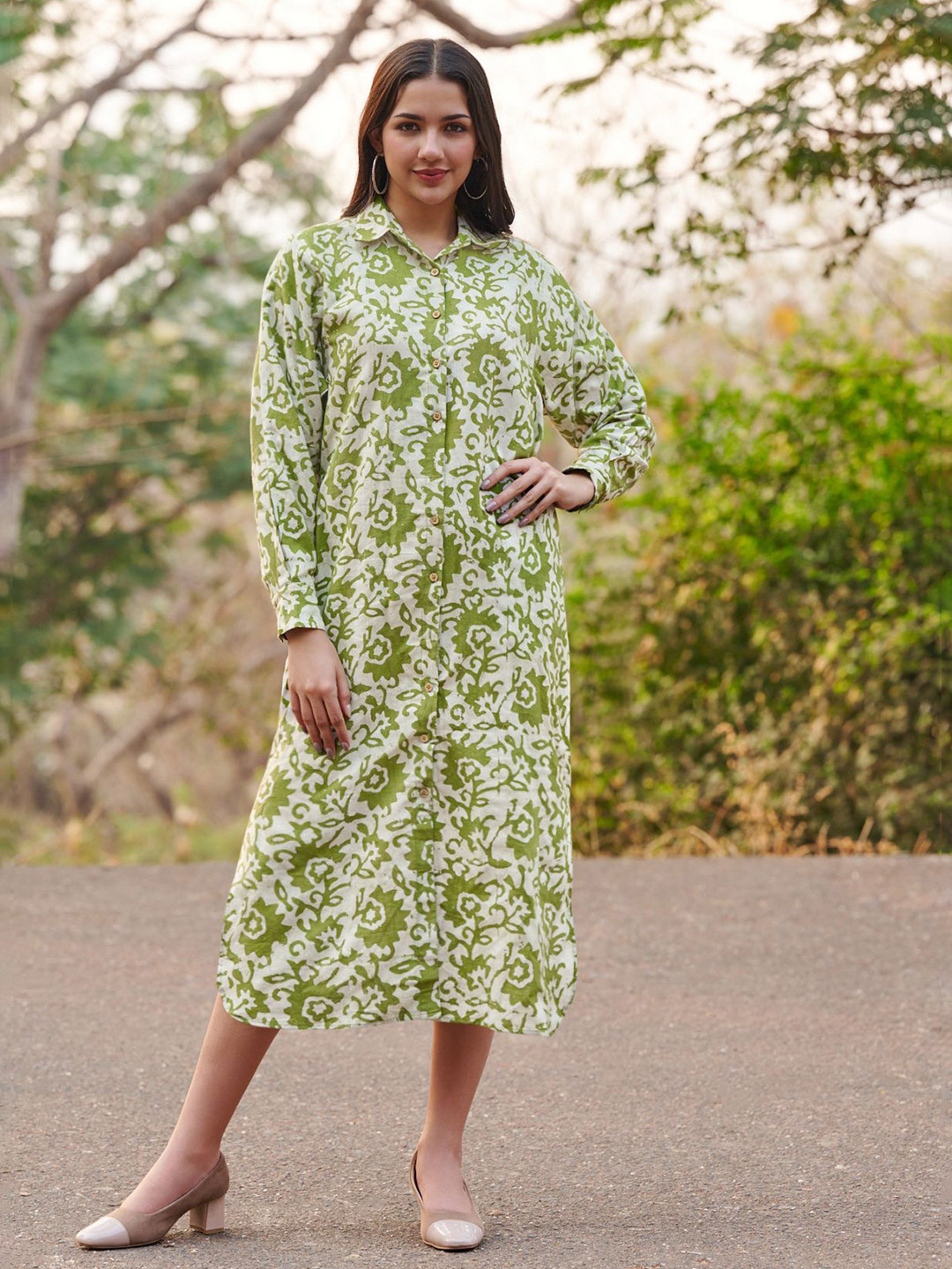 SALWAR STUDIO Classic Batik Hand Block Printed Pure Cotton Long Shirt Dress
