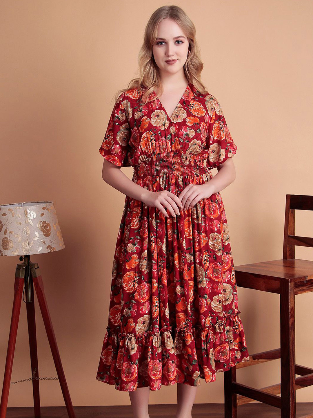 DARVI Floral Printed Fit and Flare Midi Dress