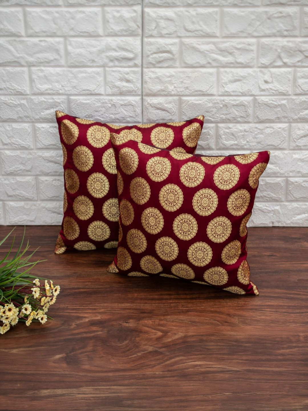 RoyalDeco Mandala Banarasi Brocade Color Fastness 2 Pcs Textured Cushion Covers-18x18In
