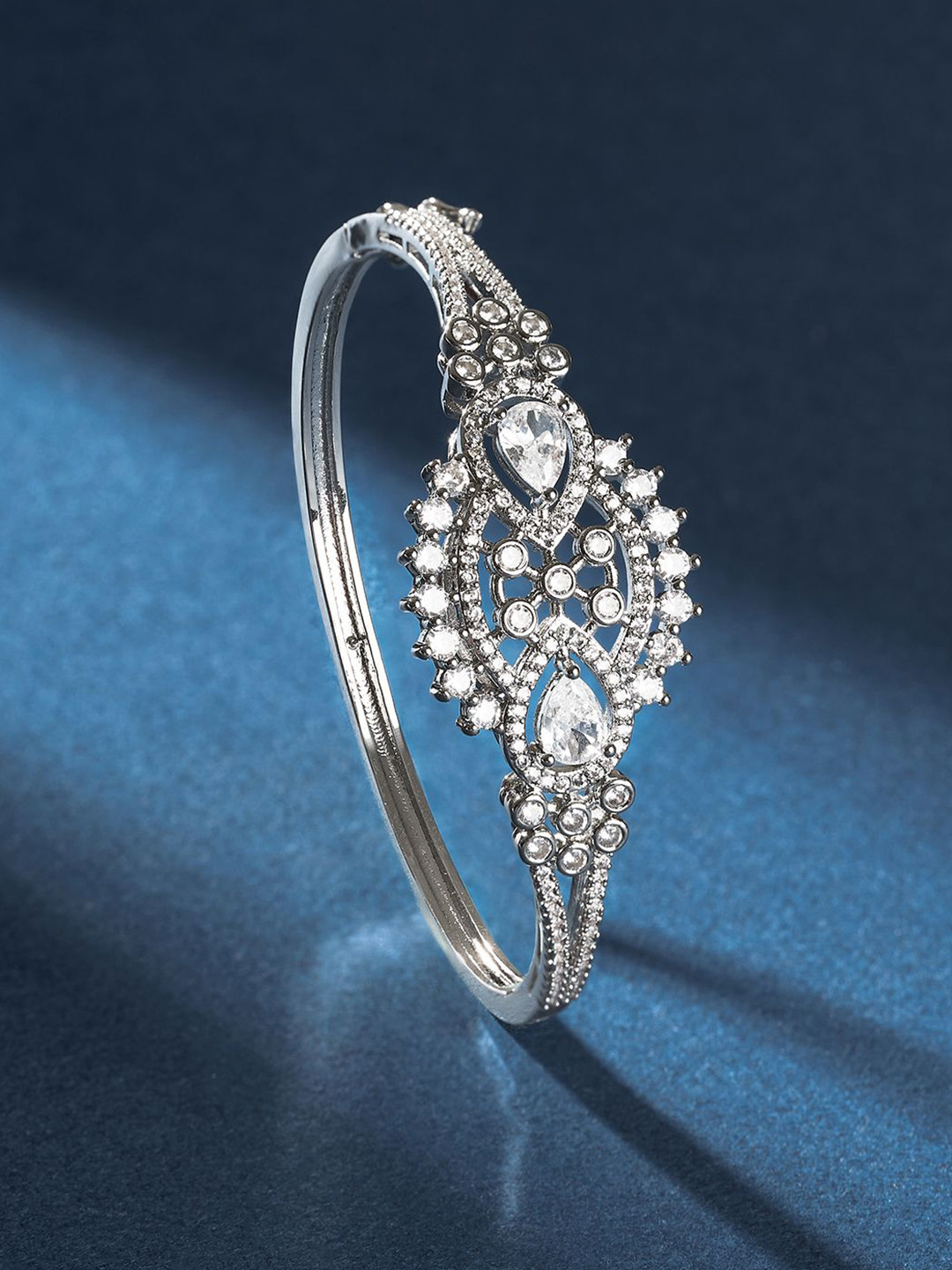 TEEJH Gleam of Ganges Women Silver-Plated CZ-Studded Oxidised Bangle-Style Bracelet