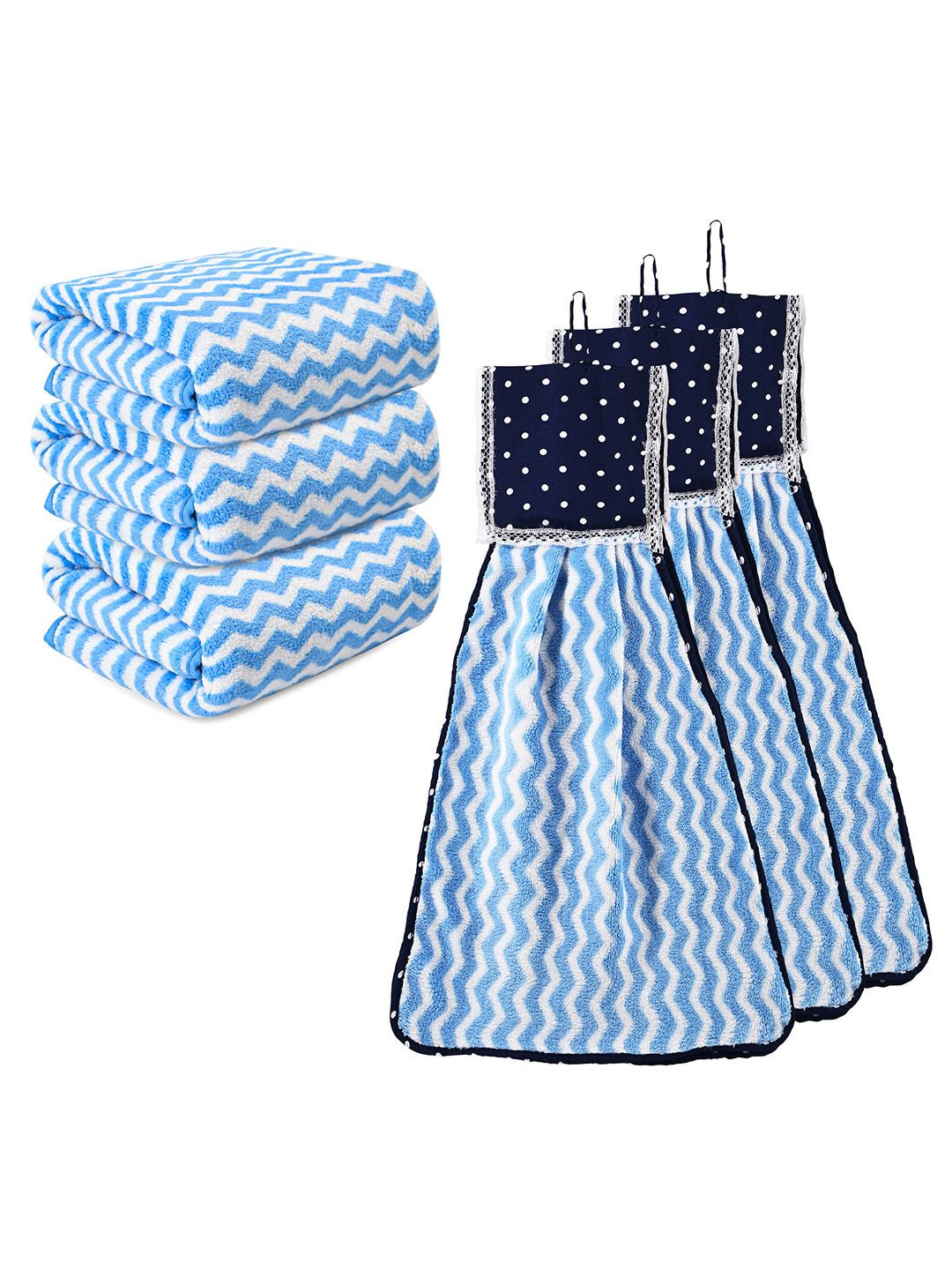 Kuber Industries Blue & White 6 Printed Towels & Wash Basin Napkin Set