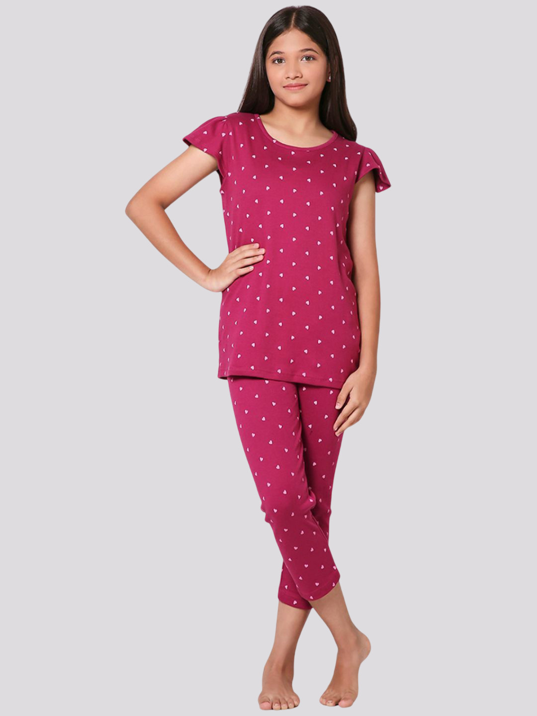 TotzTouch Girls Printed Pure Cotton T-Shirt & Capris Pant Night suit