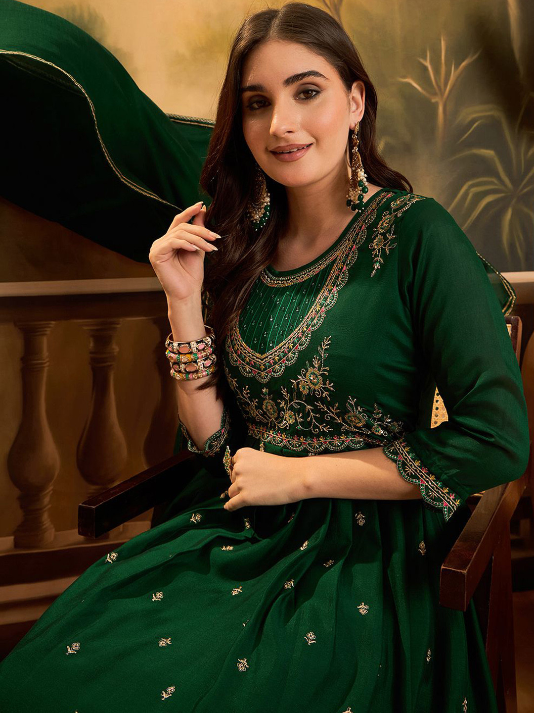 Sangria Zari & Sequin Embroidered A-Line Kurta & Trousers With Dupatta