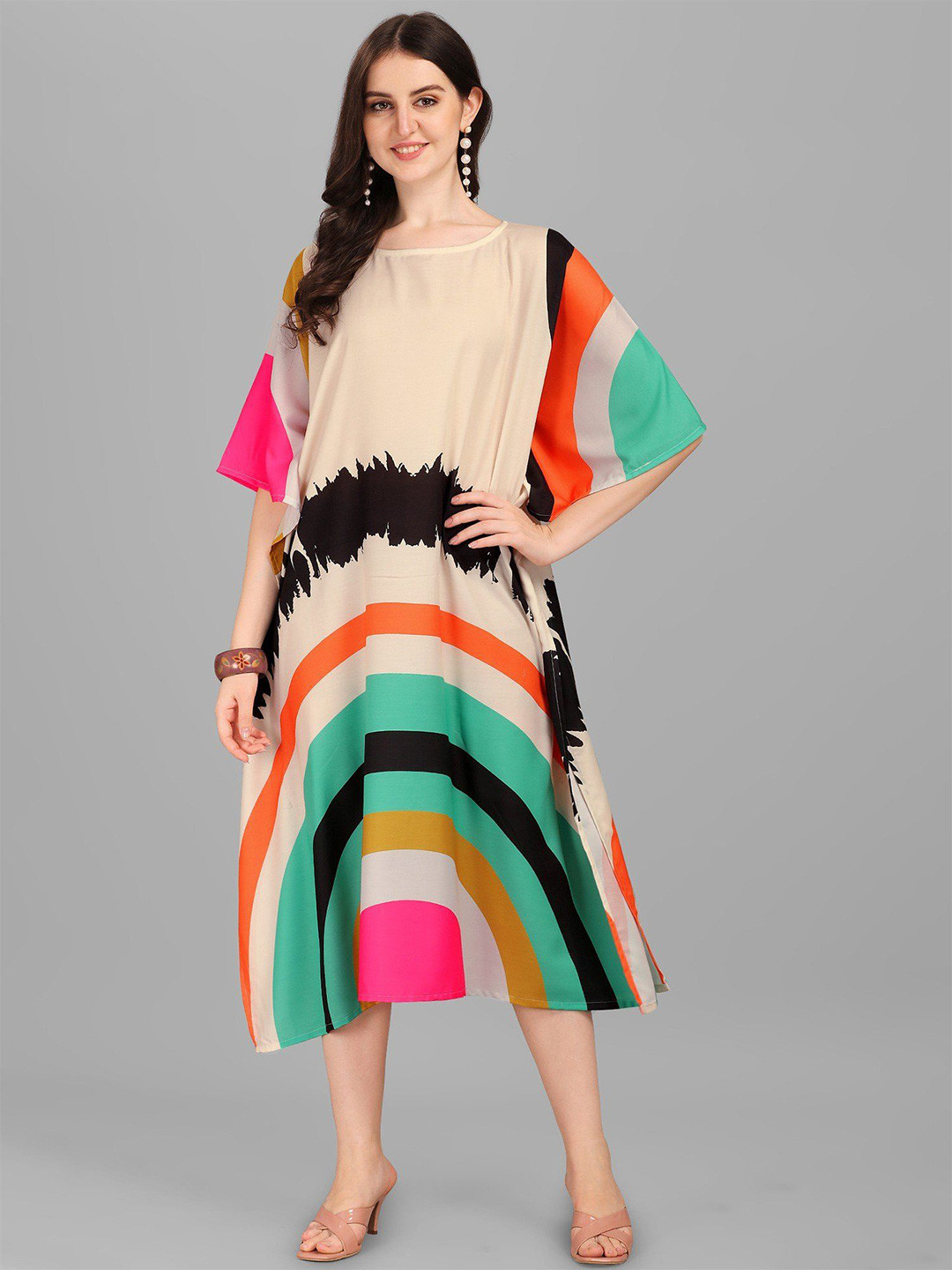 Exotic India Rainbow Printed Boat Neck Rayon Midi Kaftan
