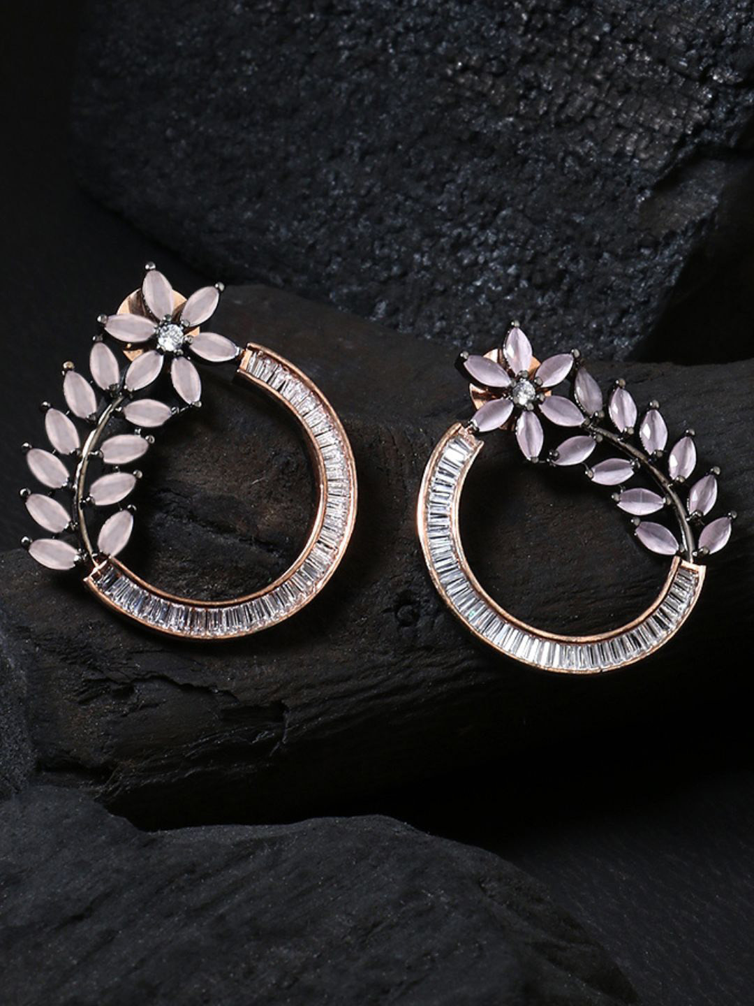 Sangria Rose Gold-Plated Artificial Stones Studded Flower Drop Earrings