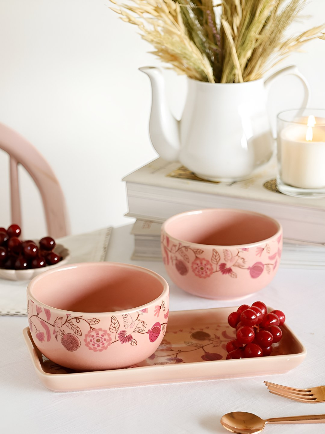 The Wishing Chair Pink 3 Pieces Ceramic Dishwasher & Microwave Safe Platter & Serving Bowl