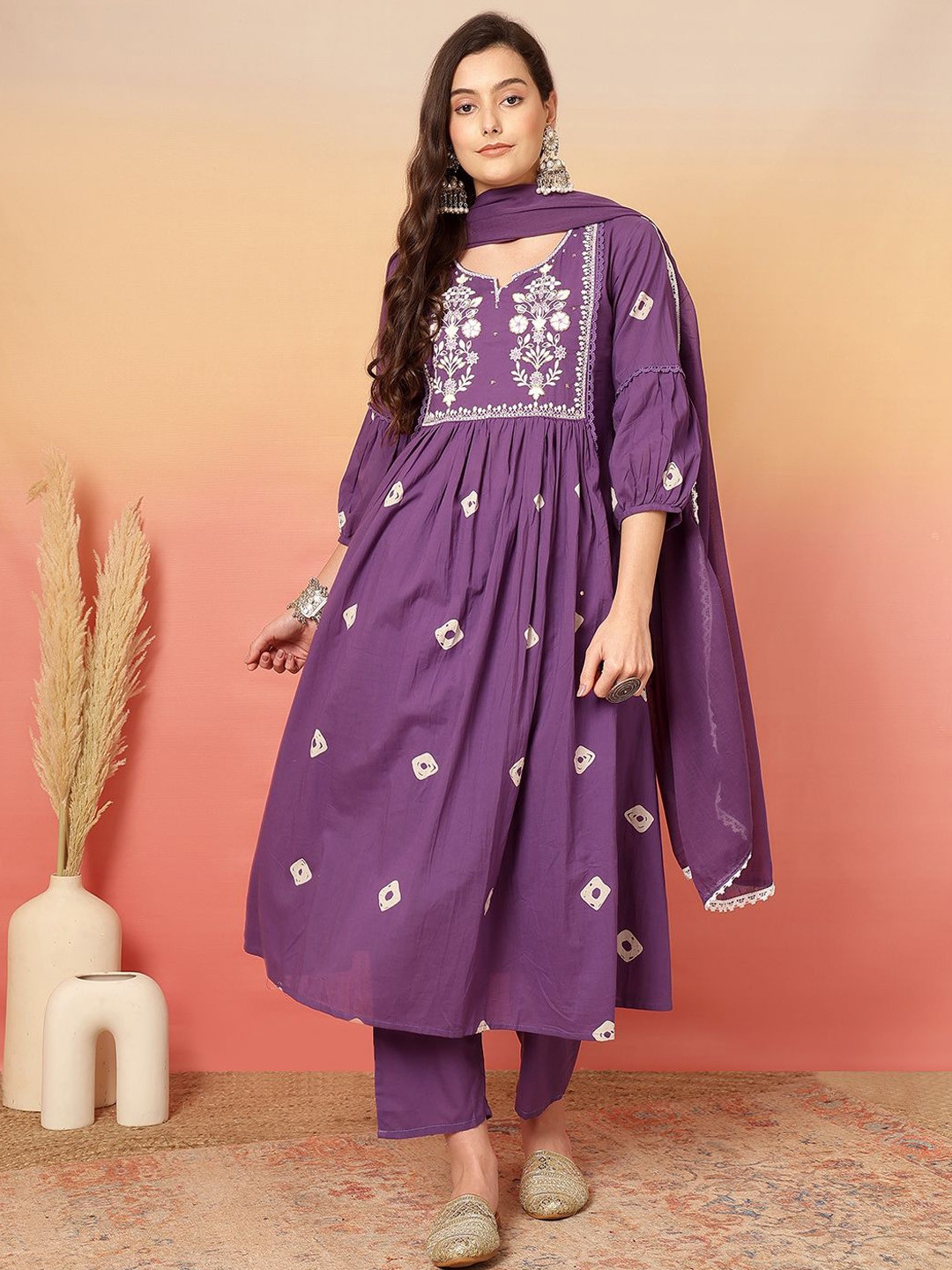 Sangria Embroidery 100% Cotton Anarkali Kurta With Trouser & Dupatta