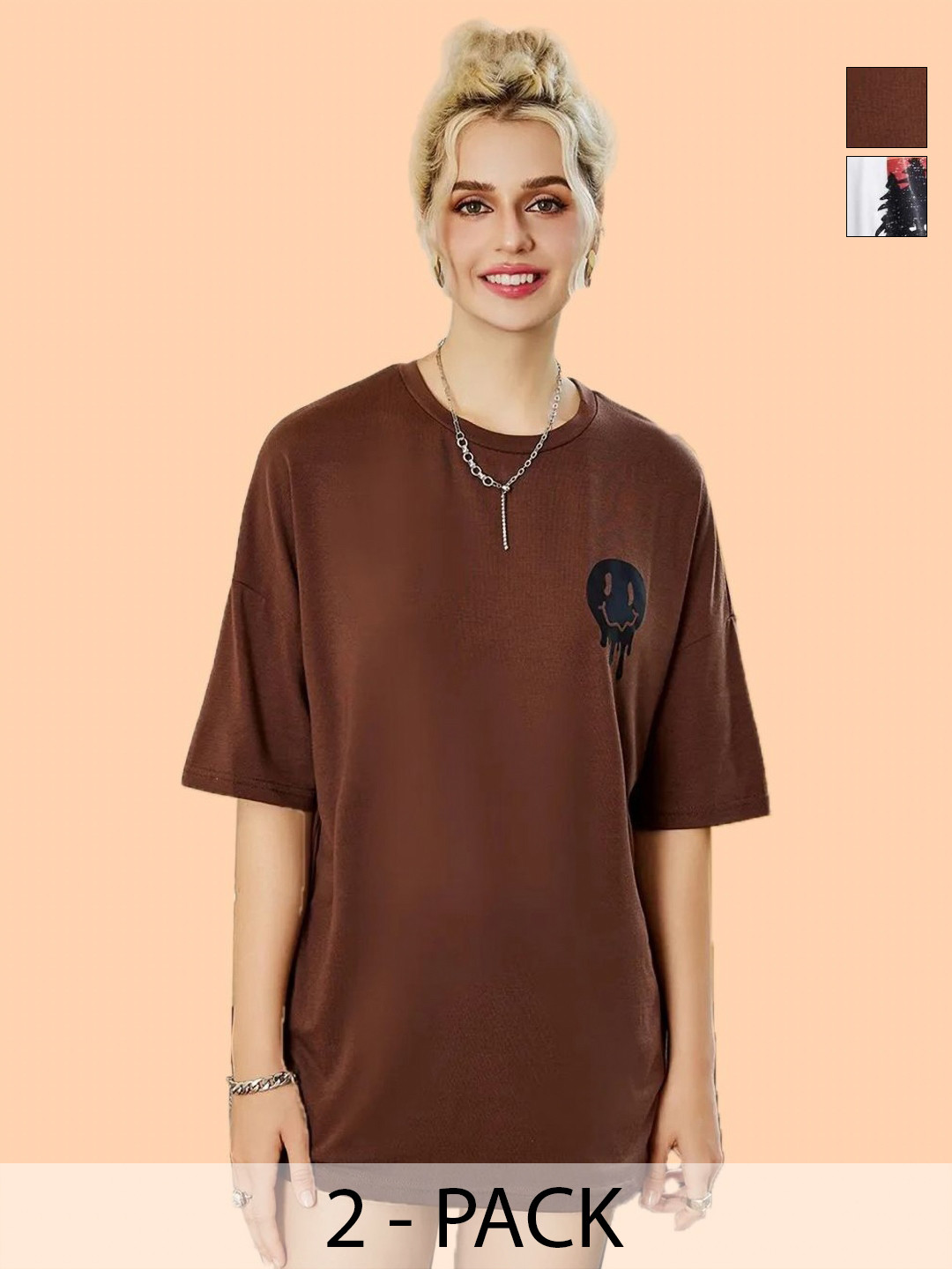 Christy World Women Pac of 2 Printed Extended Sleeves Applique T-shirt