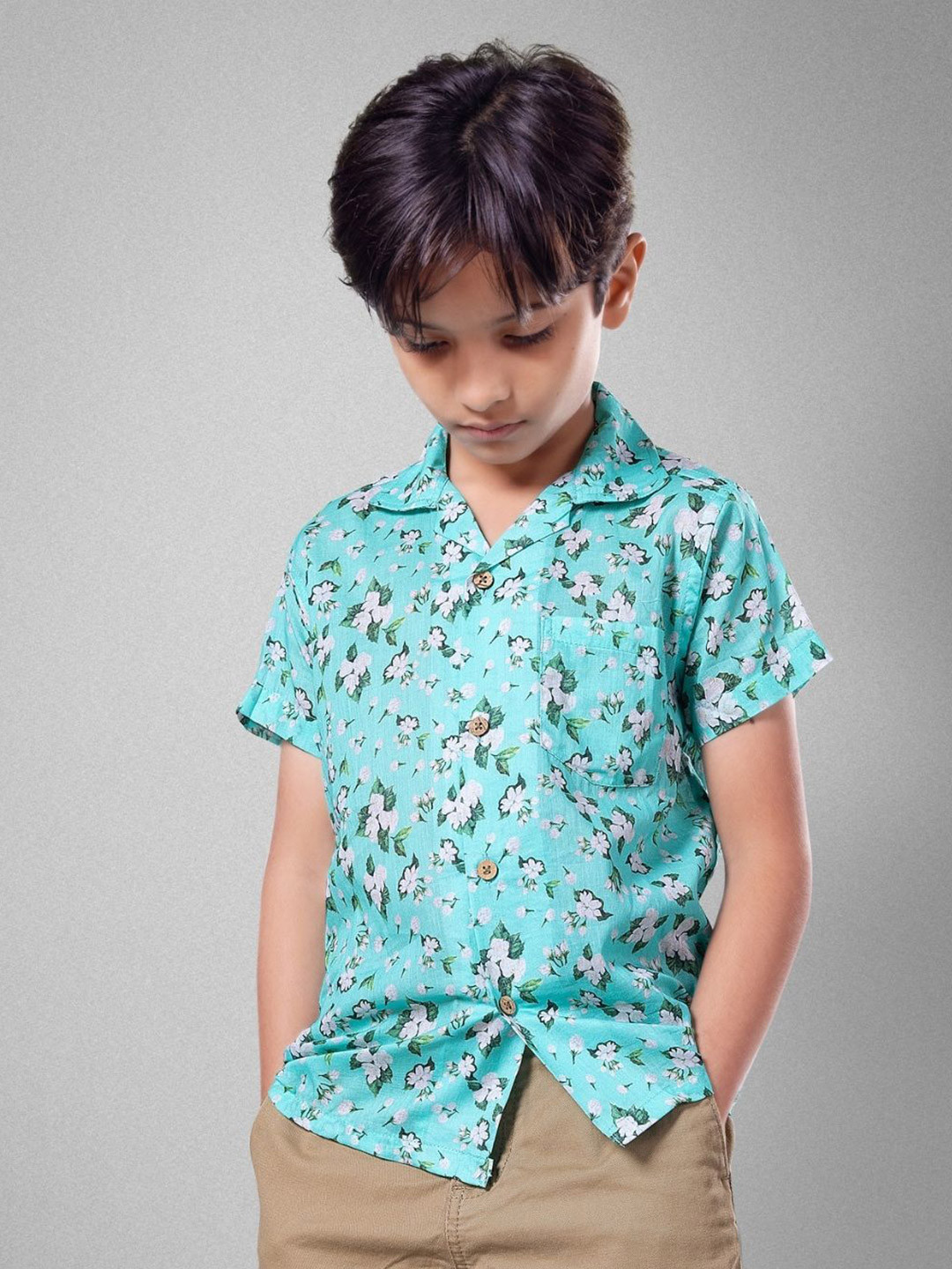 Tura Turi Boys Floral Printed Spread Collar Cotton Shirt