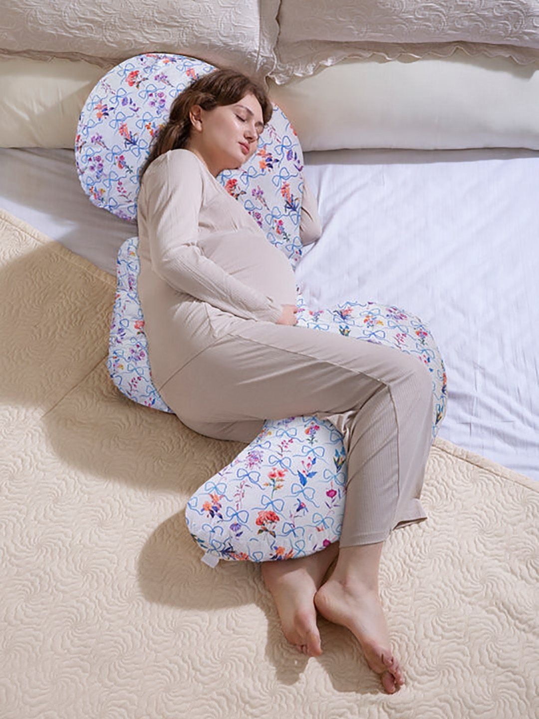 THE BABY TRUNK Tiffany Bow Egyptian White Floral Cotton Breathable Firm Fibre Maternity Pillow-16 x 61 x 173 cm