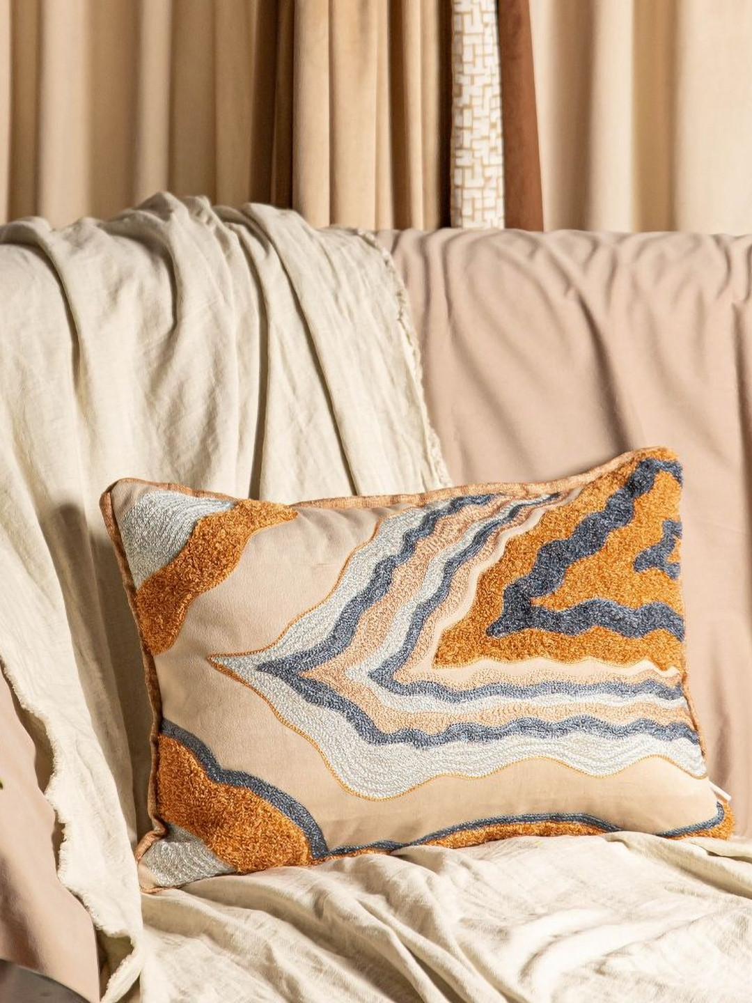 ALCOVE Embroidered Crewel Beige Velvet Durable Rectangle Cushion Cover -14x20In