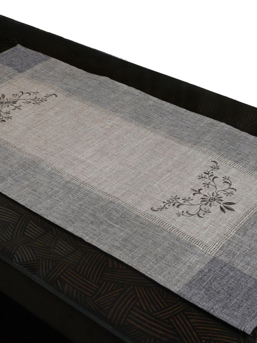 TANLOOMS Grey & Beige Floral Embroidered Table Runner