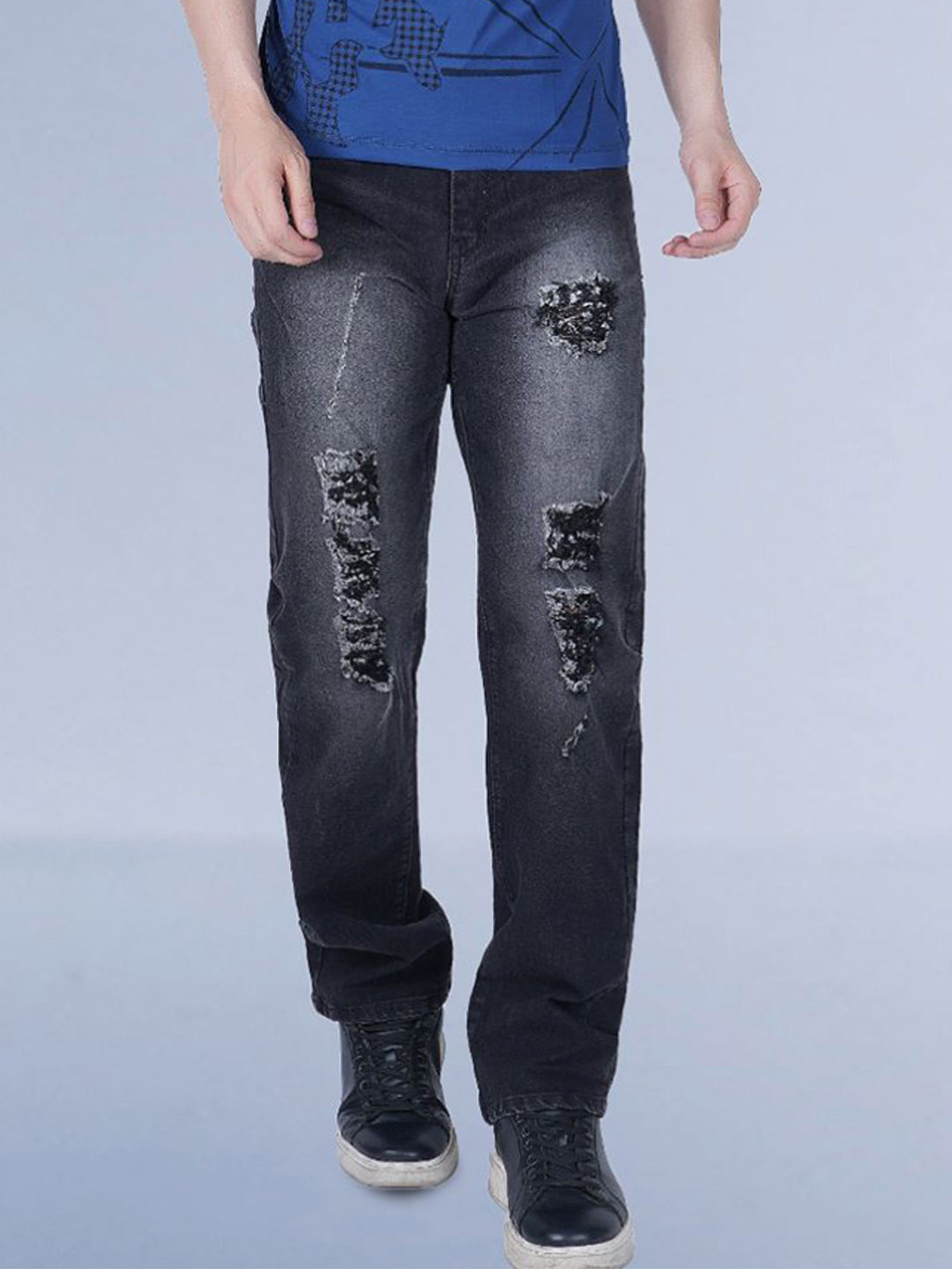 Metronaut Men Classic Tapered Fit Highly Distressed Heavy Fade Denim Grey  Jeans