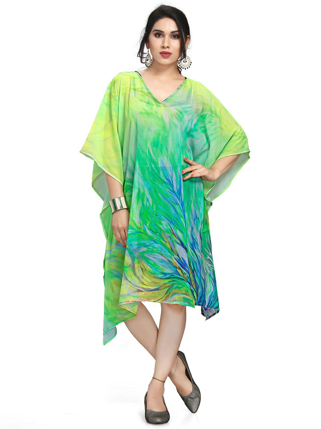 Exotic India Women Sharp-Green Georgette Diaphanous Printed Short Kaftan