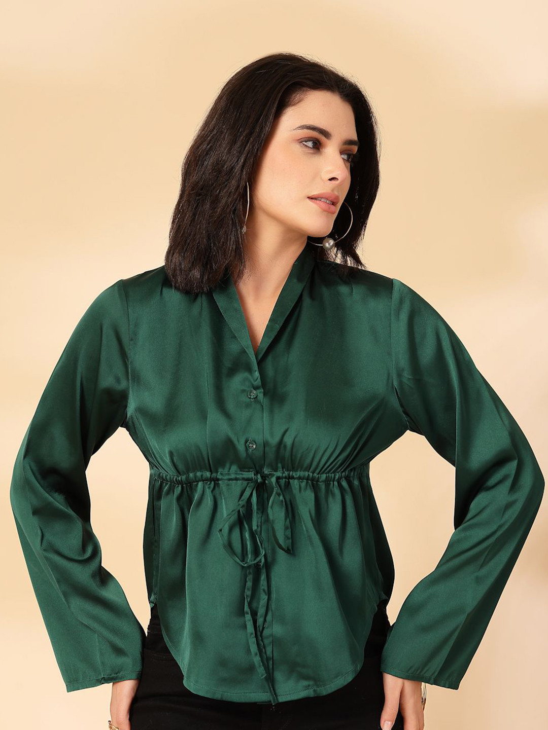 Fuchsia  Solid Bell Sleeve Shirt Style Top
