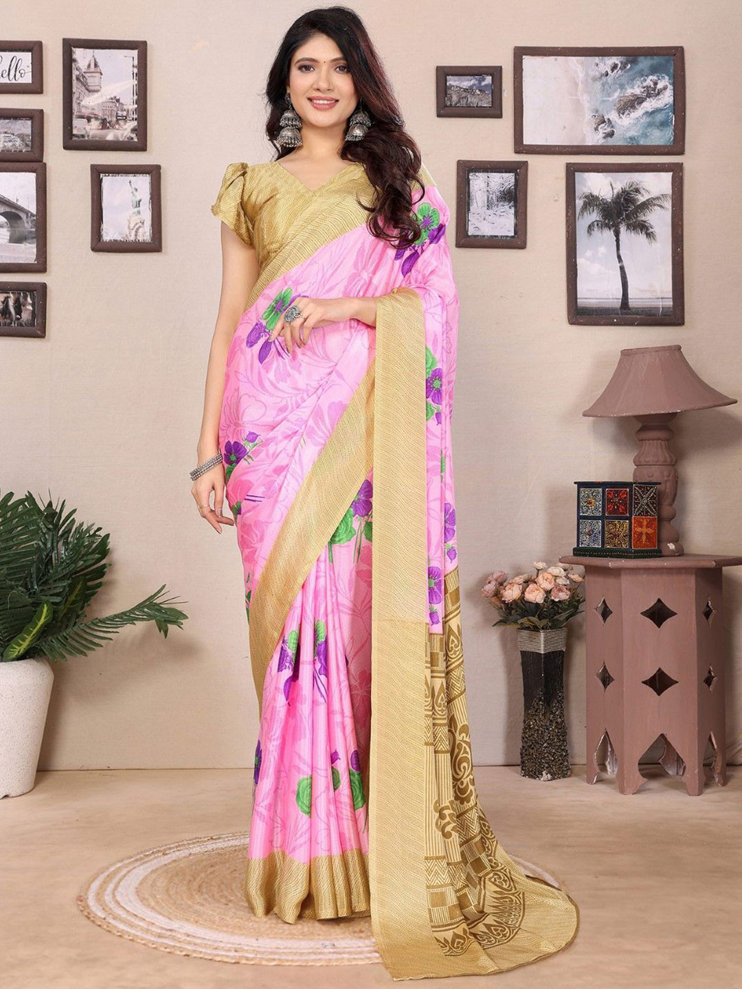 KALINI Floral Printed Half and Half Tussar Saree With Blouse Material