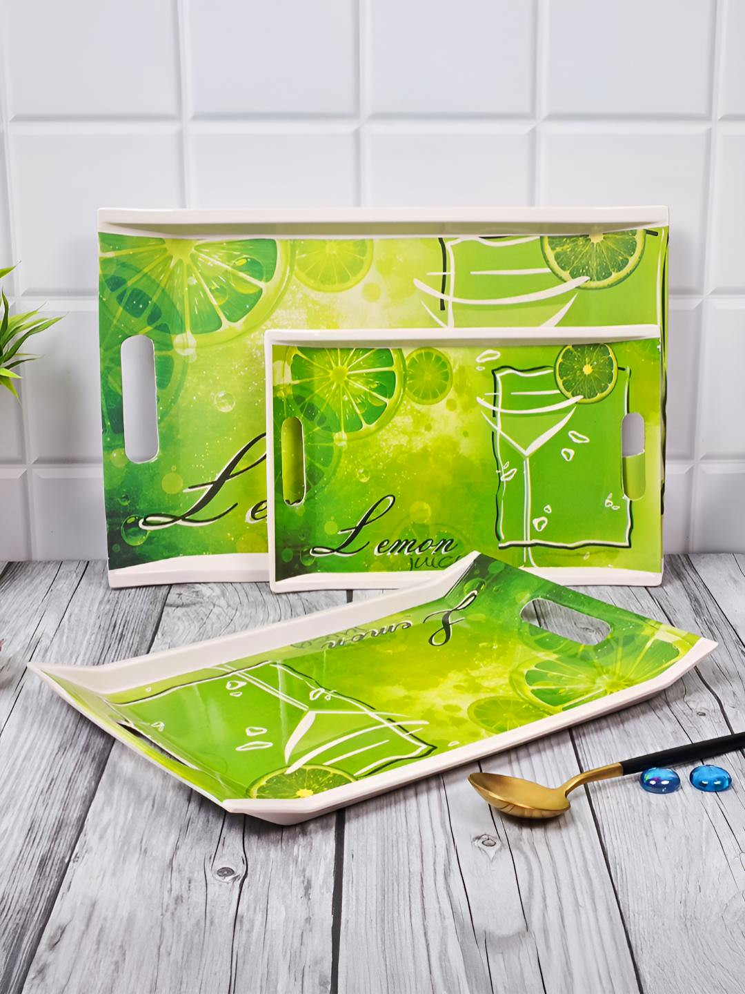 UPC Green & White 3 Pieces Printed Melamine Dishwasher Safe Serving Trays