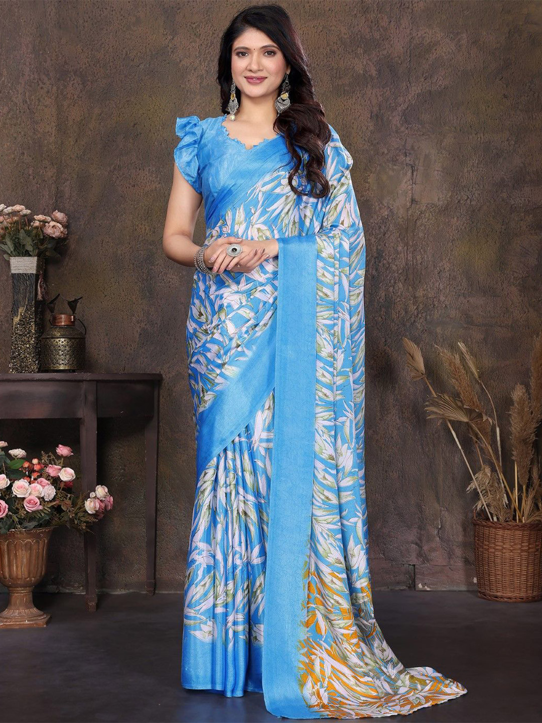 KALINI Floral Silk Blend Half and Half Tussar Saree
