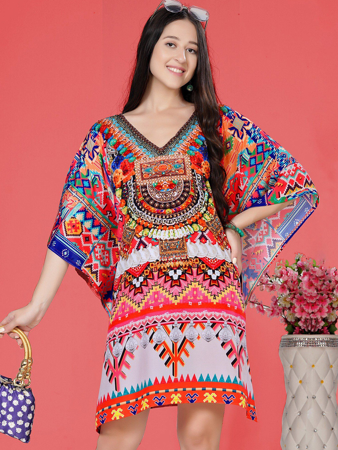 Exotic India Art Silk Stone Work Multicolor Short Kaftan with Inside Belt Printed Motifs