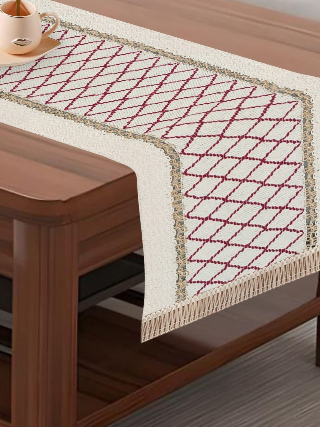 MONKDECOR Cream & Maroon Textured Table Runners