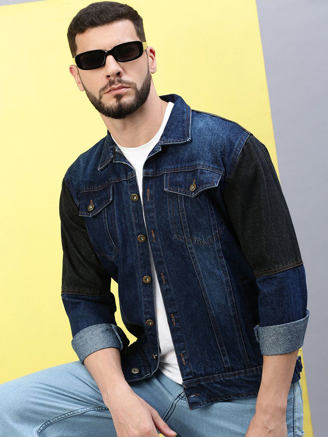Men's Blue Solid Denim Jacket with Patchwork