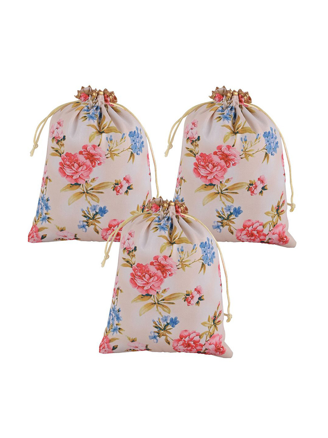 Kuber Industries 3 Pcs Silk Drawstring Digital Flower Print Potli Clutch Cream