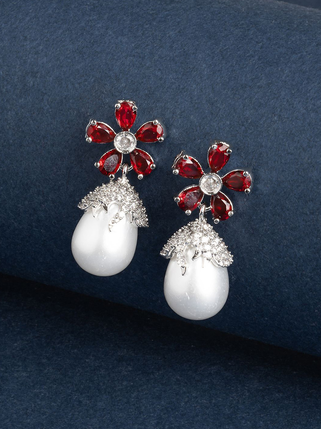 TEEJH Almaz Silver-Plated Cubic Zirconia Studded & Pearls Beaded Floral Drop Earrings