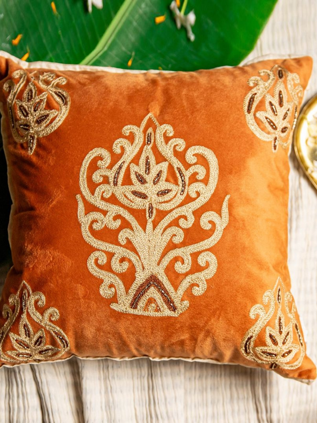 ALCOVE Paisley Aari Ethnic Motifs Velvet 2 Pcs Embroidered Cushion Covers - 16 x 16 In