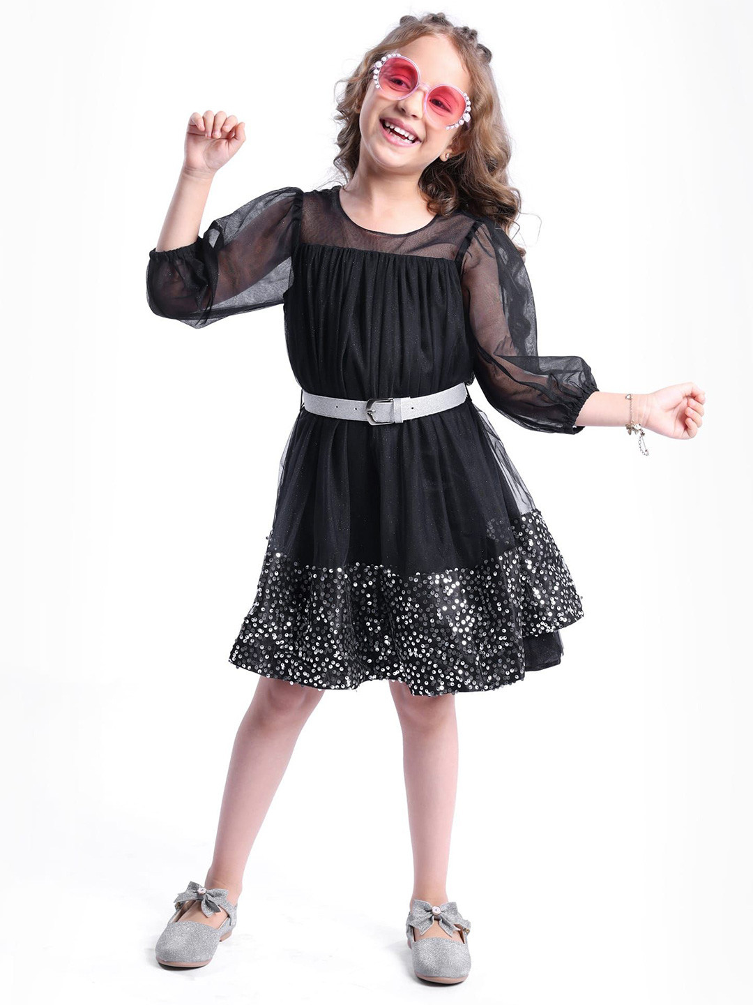 Hola Bonita Girls Embellished Fit and Flare Net Dress Comes With A Belt