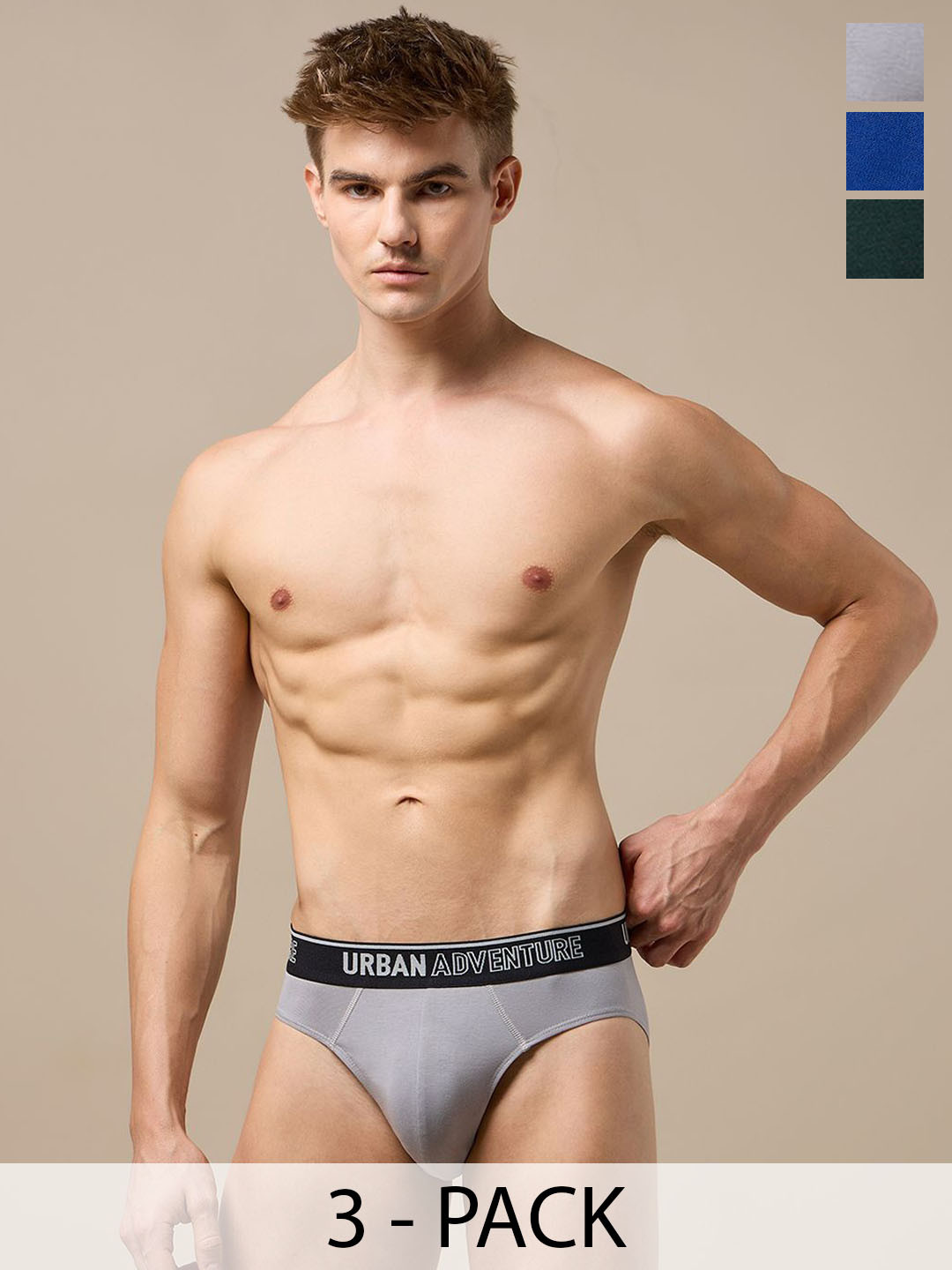 URBAN ADVENTURE Pack Of 3 Anti-Bacterial Basic Briefs 3UAM-002(ROYAL-LIGHT GREY-GREEN