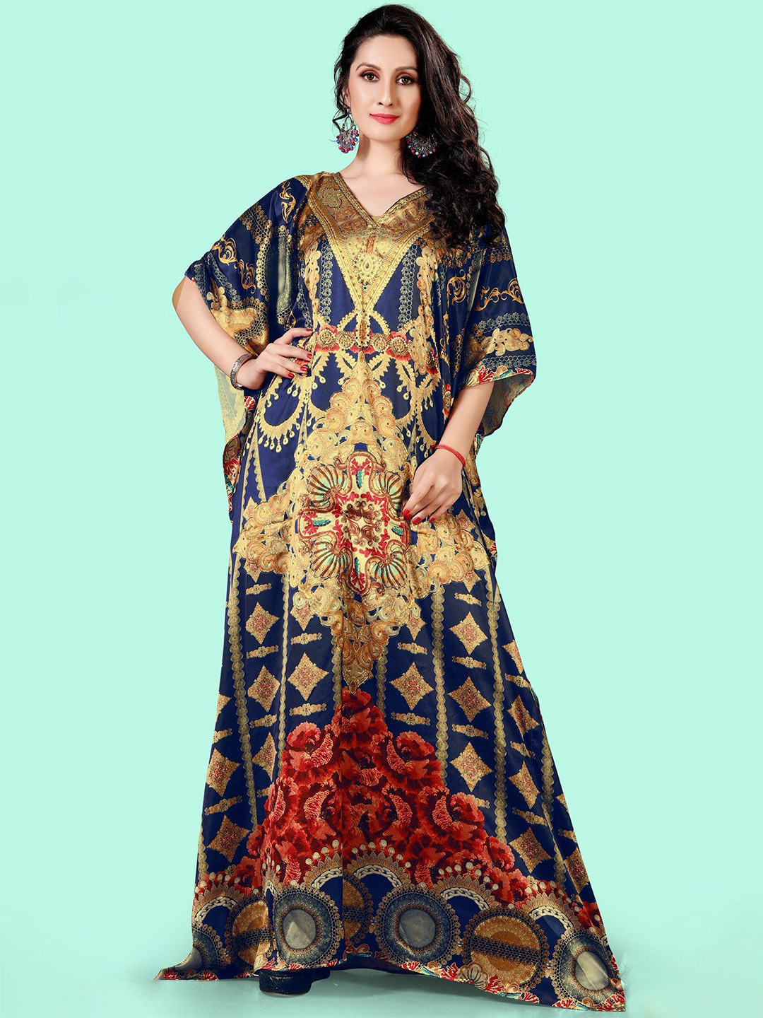 Exotic India Women kipper-Blue Printed Satin Long Kaftan Dress with Studded Stones