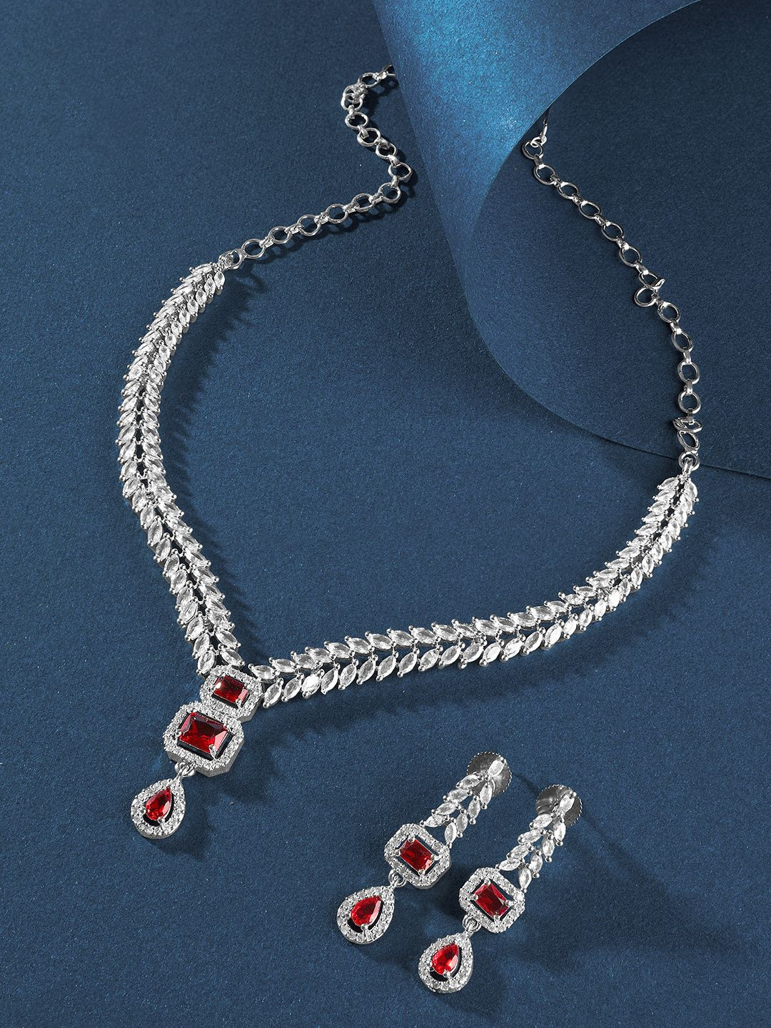 TEEJH Sparki Silver Plated Cubic Zirconia Stone Studded Jewellery Set