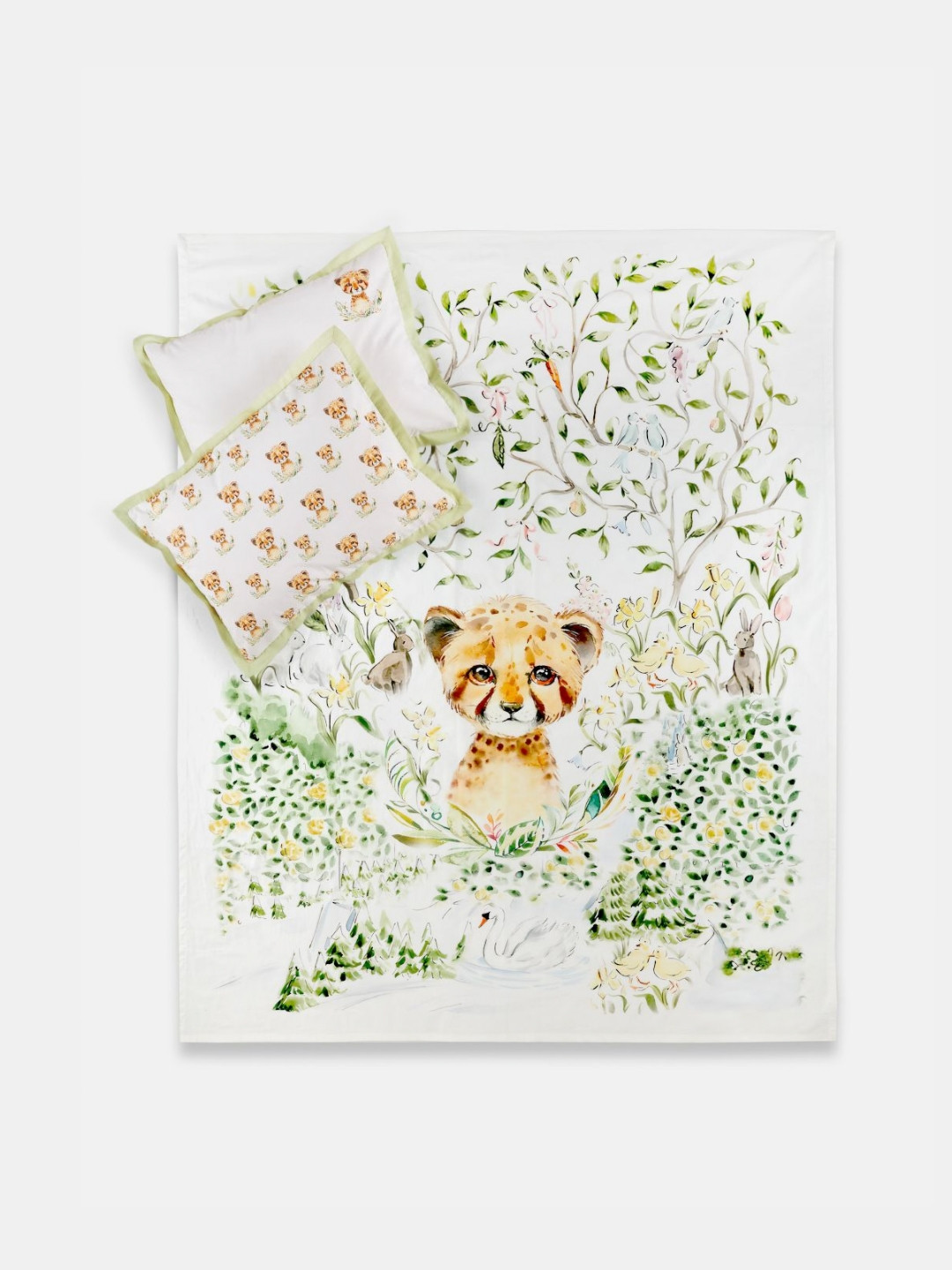 THE BABY TRUNK Infants White & Green Little Leo Printed Cotton Egyptian Baby Bed Sets