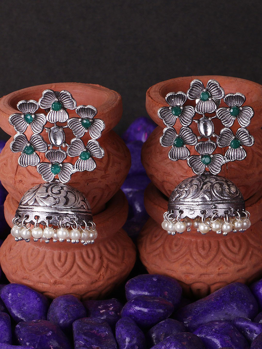 Sangria Silver-Plated Artificial Stone Studded And Beaded Flower Shaped Oxidised Jhumkas