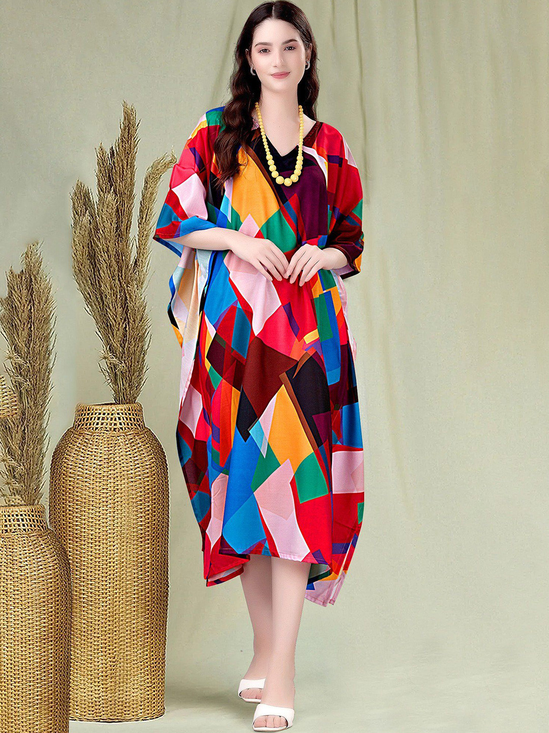 Exotic India Women Multi-Color Geometric Pattern Print Rayon Midi Kaftan