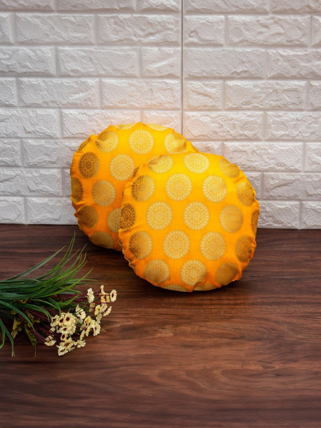 RoyalDeco Yellow Ethnic Motifs Brocade Durable 2 Pcs Round Cushion Covers - 24 x 24 Inches