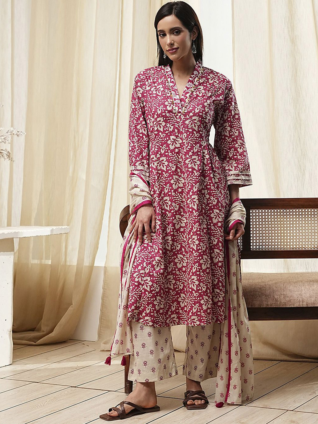 Biba Floral Printed V-Neck Pure Cotton A-Line Kurta With Trousers & Dupatta