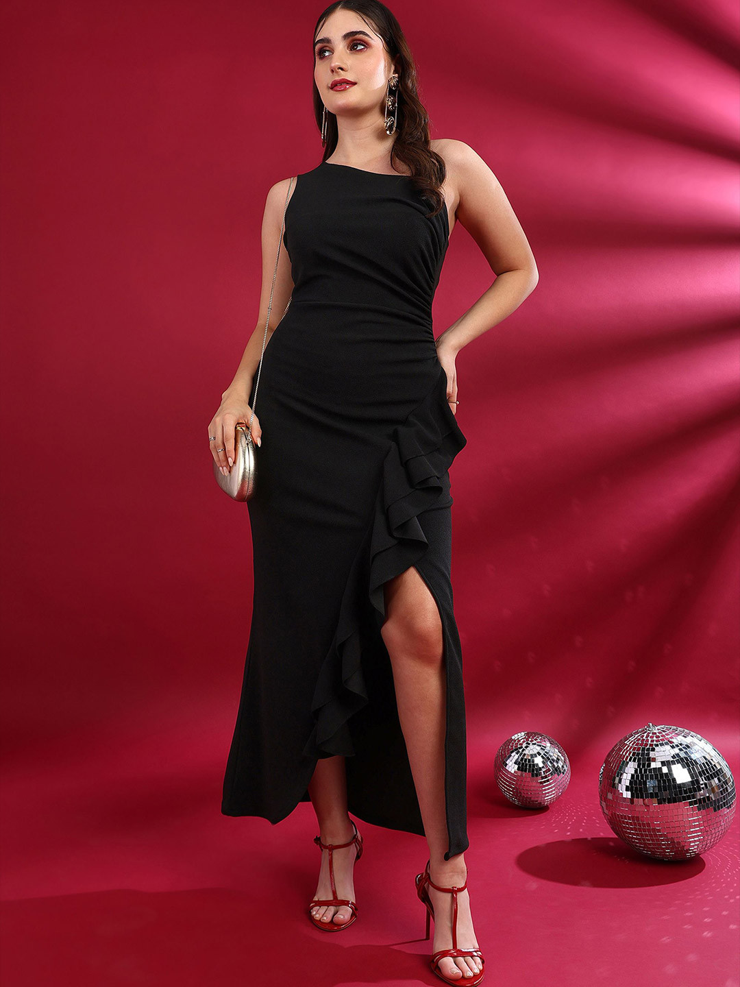 Golden Kite Women  One Shoulder Ruffled Scuba Maxi Dress