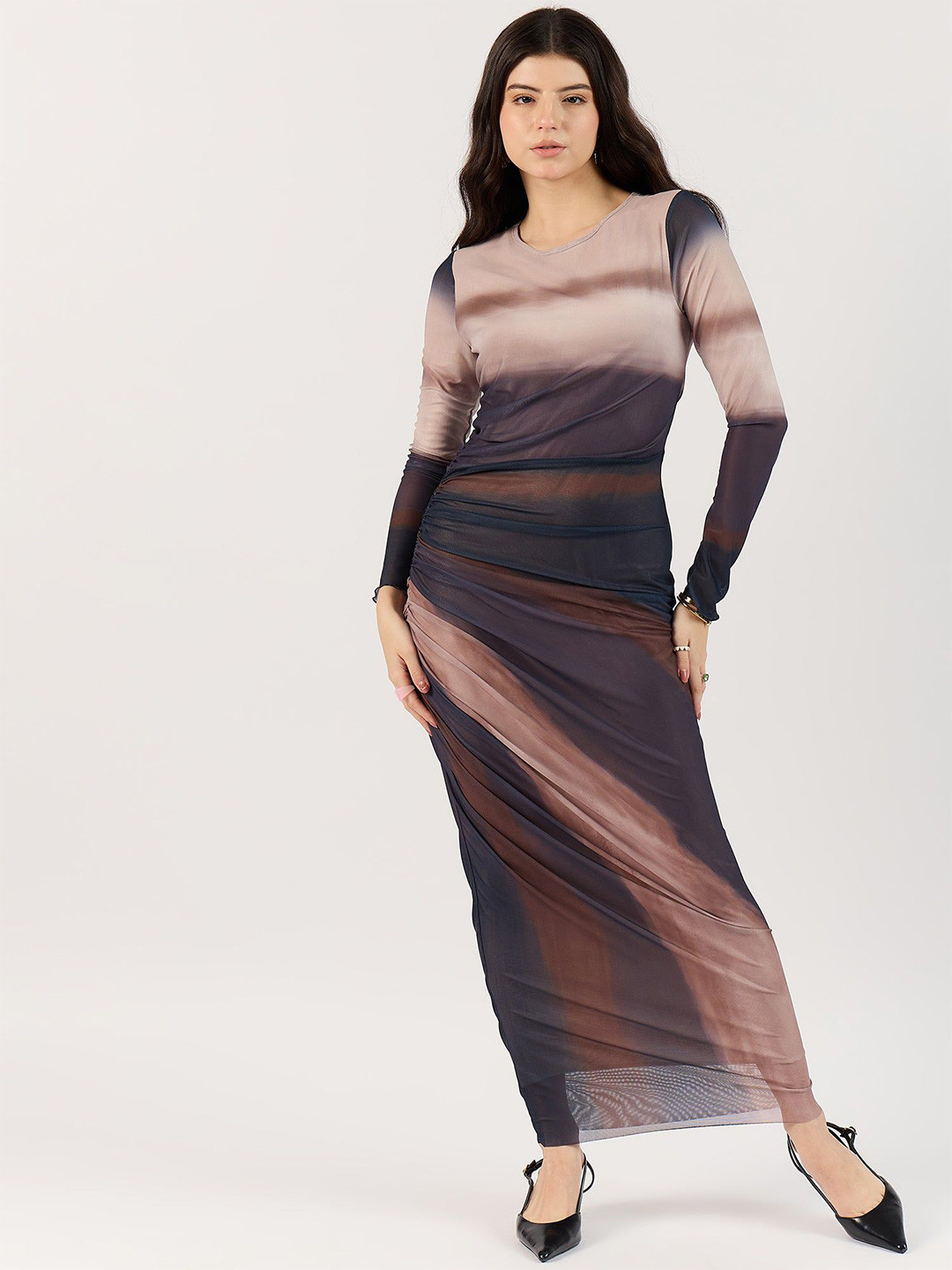 Outzidr Women Digital Print Mesh Maxi Dress