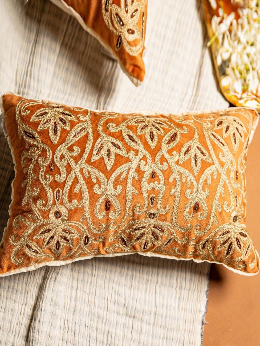 ALCOVE Aari Lumbar Rust Ethnic Motifs Velvet Durable Embroidered Cushion Cover -12x18In