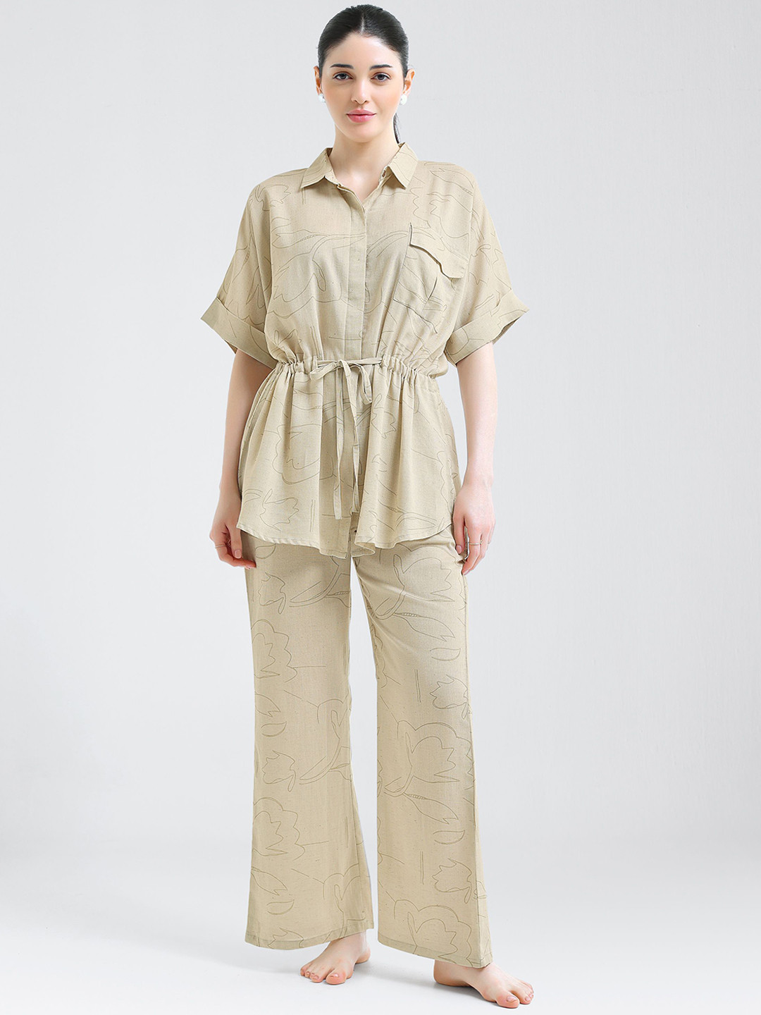 I like me Floral Printed Linen Shirt Collar Short Sleeves Shirt With Palazzos
