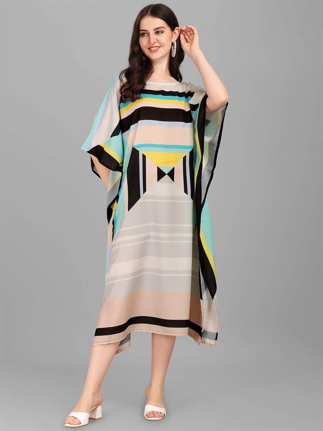 Exotic India Women Multicolor Stripe Print Rayon Boat Neck Midi Kaftan