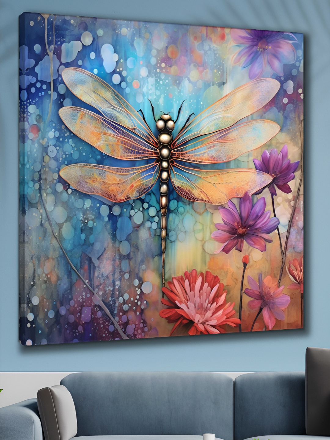 Myntra Elegant Homes Blue & Orange Dragonfly Flying Printed Canvas Wall Art