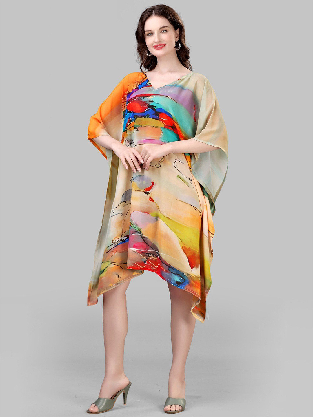 Exotic India Georgette Short Kaftan with Abstract Pattern Print