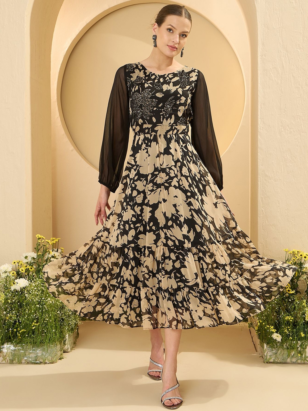 Antheaa Women Floral Printed Puff Sleeves A Line Midi Dress With Embellished Details - Dresses for Women 33434448 | Myntra